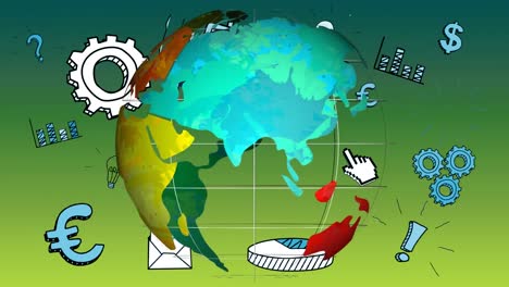 animación de iconos de negocios y oficinas y globo sobre fondo verde