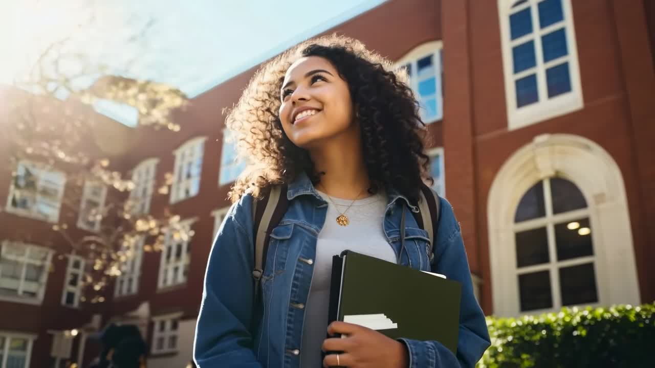 A young woman smiles while holding books, captured in a low-angle shot