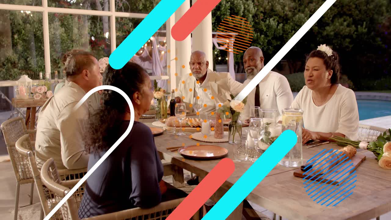 Six at table, man leaning in starting meal chat, teal stripes animating over guests hospitality