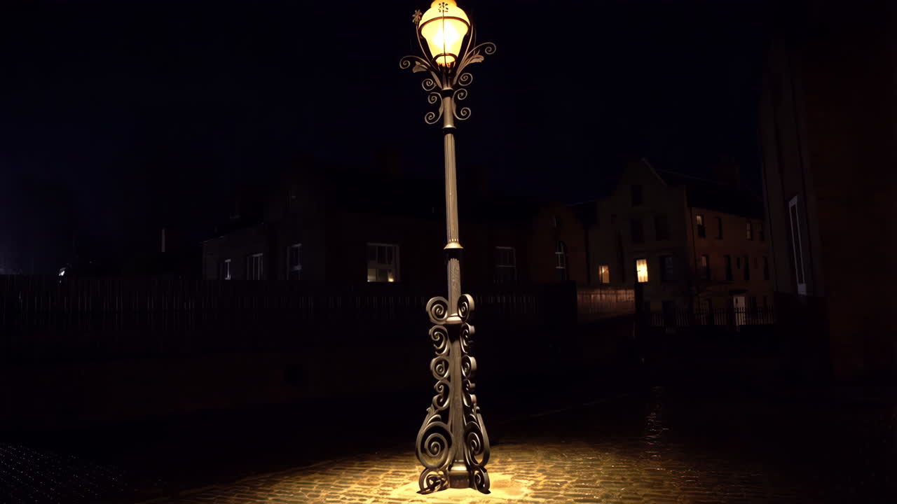 Ornate Street Lamp Illuminating a Dark Street at Night