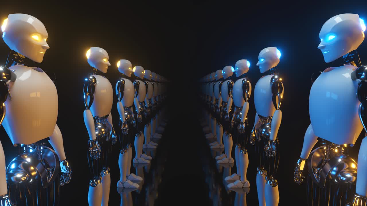 un corredor interminable de robots que se enfrentan entre sí. tecnología futura y concepto de inteligencia artificial brillo de neón azul y amarillo. bucle sin costuras 3d render