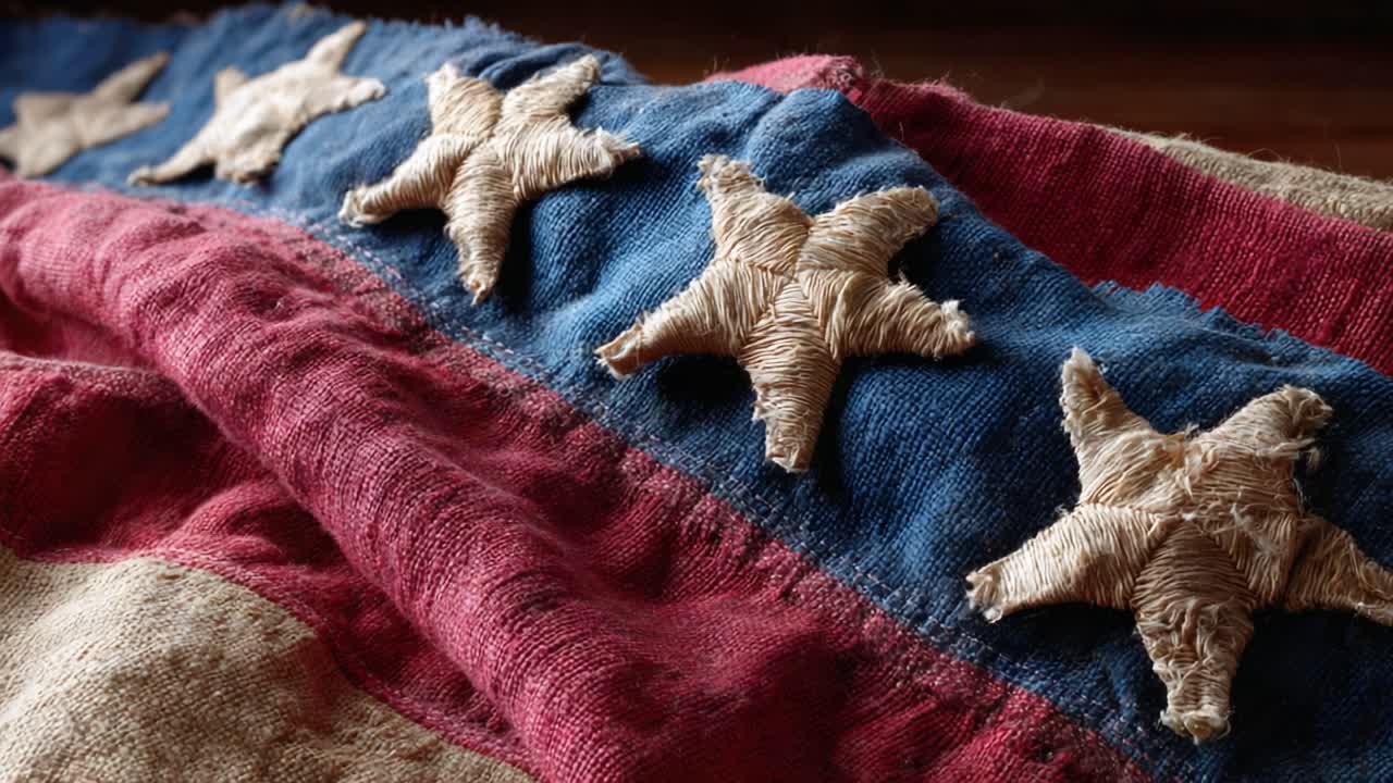 Close-up of a Beautifully Crafted Textile Featuring Embroidered Stars on a Striped Background, Showcasing Intricate Details and Rich Colors in a Nostalgic Fabric Design