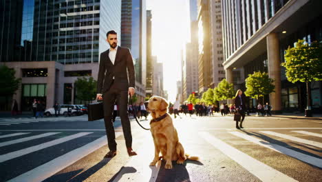 businessman walking dog in city