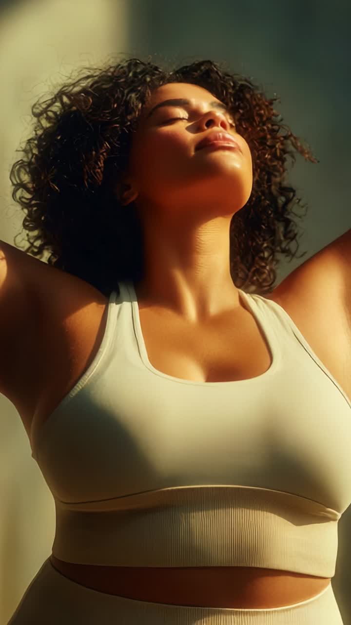 Uma pessoa radiante exalando positividade e autoconfiança sob uma luz quente, demonstrando uma inspiradora positividade corporal e autoaceitação por meio de poses empoderadoras