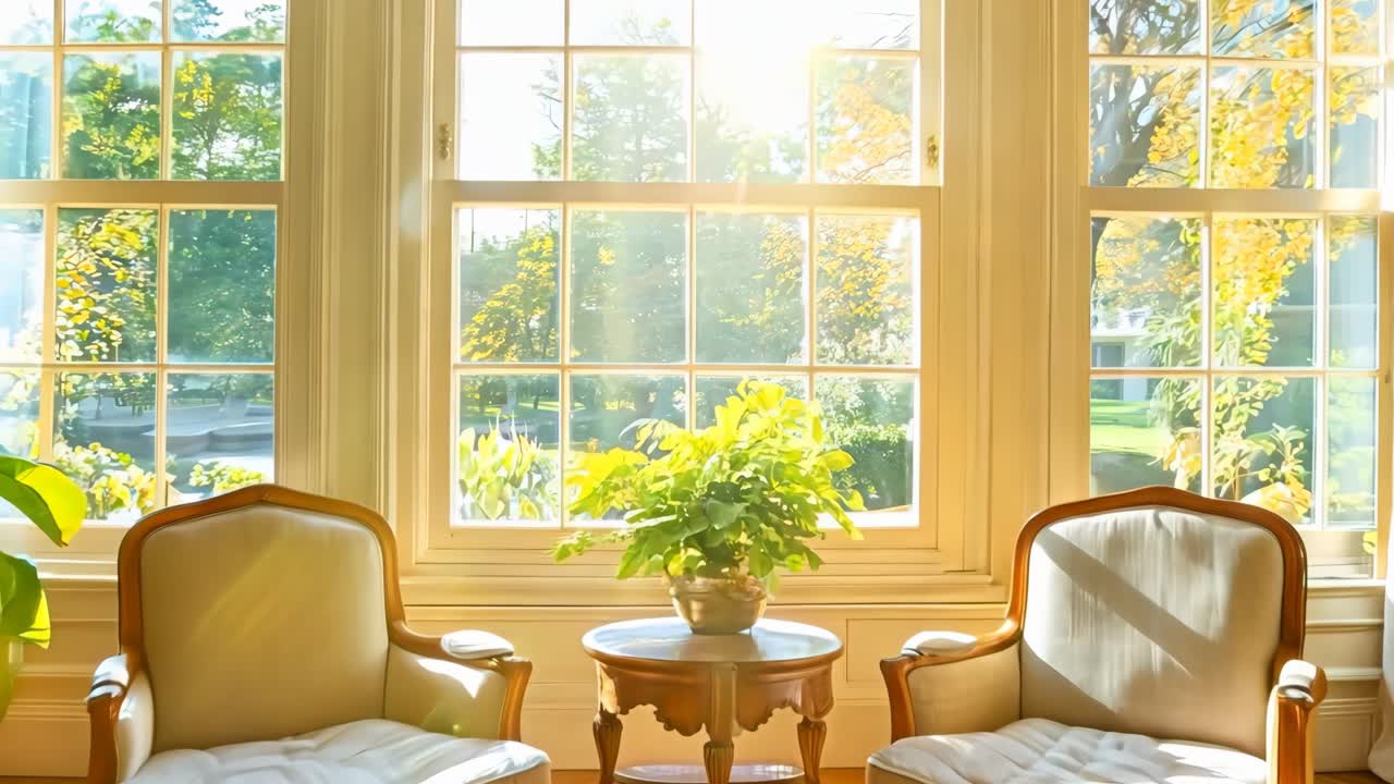 창문 앞 에 의자 두 개 와 테이블 이 있는 거실