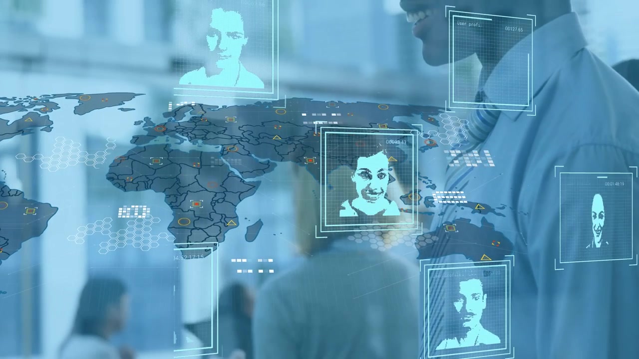 Multiple profile icons over world map against african american businessman using smartphone