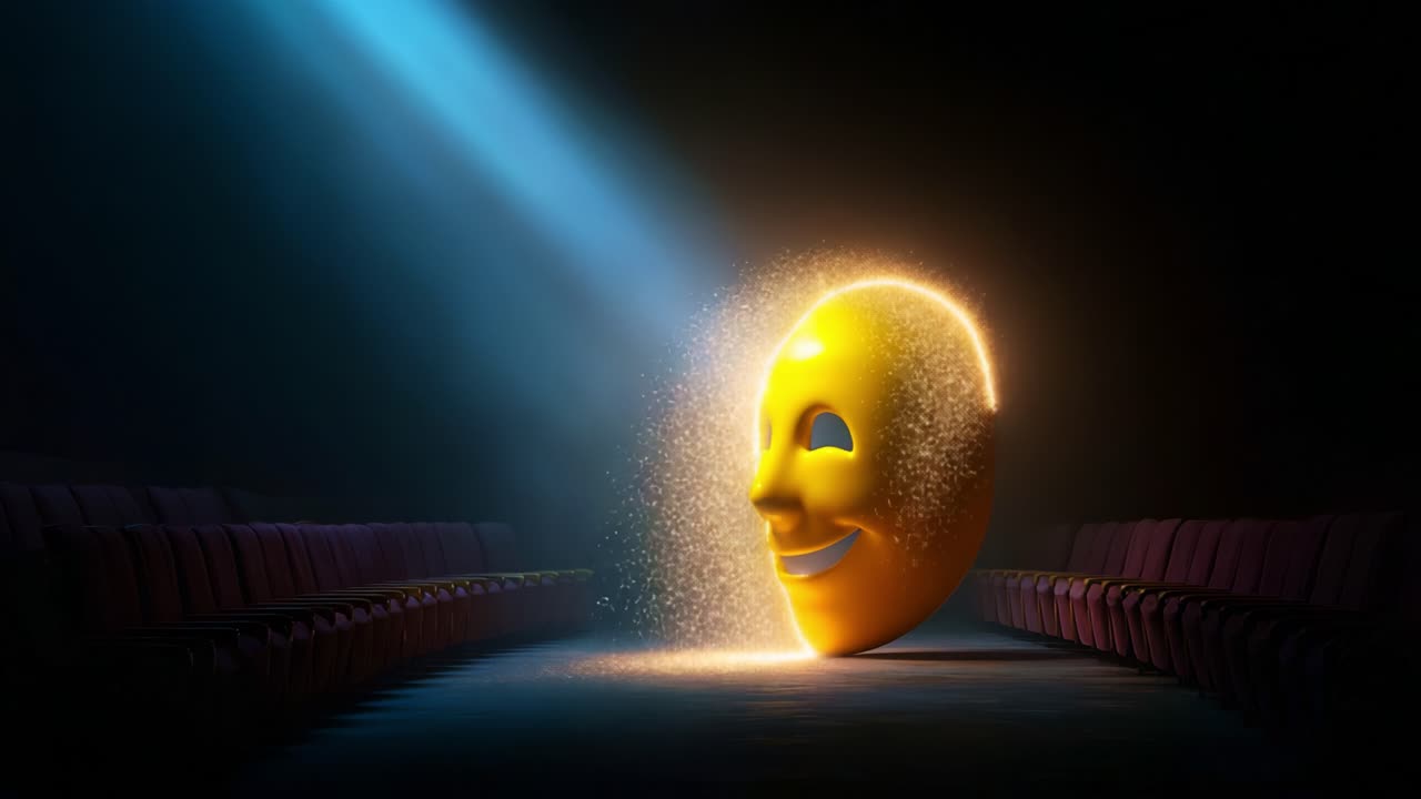 A Glowing Yellow Mask Transformed in a Dark Theater, Bathed in Cinematic Light, Symbolizing the Essence of Performance and Self-Expression through Art and Emotion