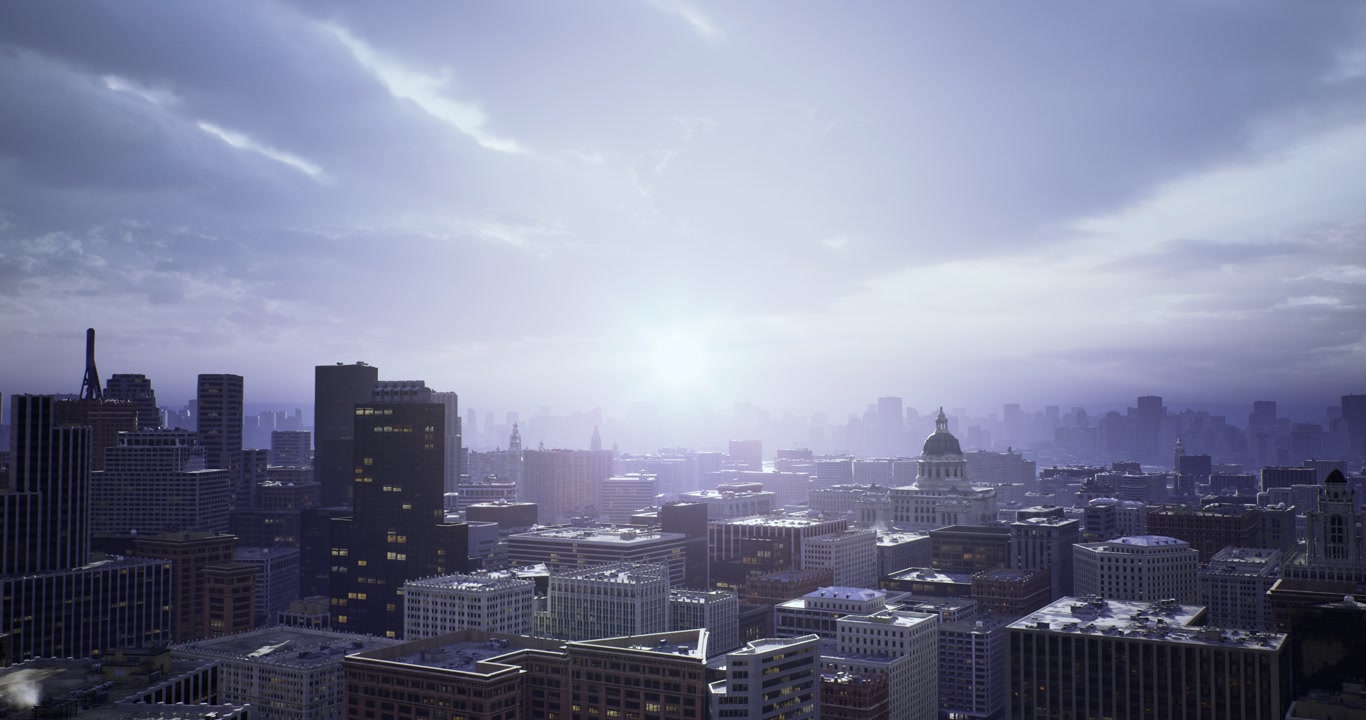 Sunrise illuminates towering buildings and quiet streets with serene atmosphere