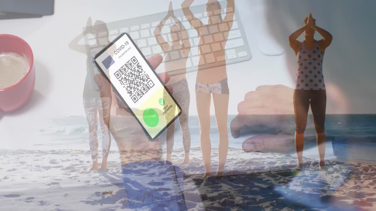 animación de mujer caucásica con teléfono inteligente sobre mujeres caucásicas en la playa