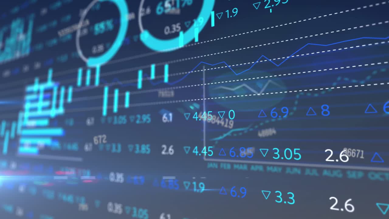 animación de números cambiantes sobre el procesamiento de datos estadísticos y bursátiles en fondo azul