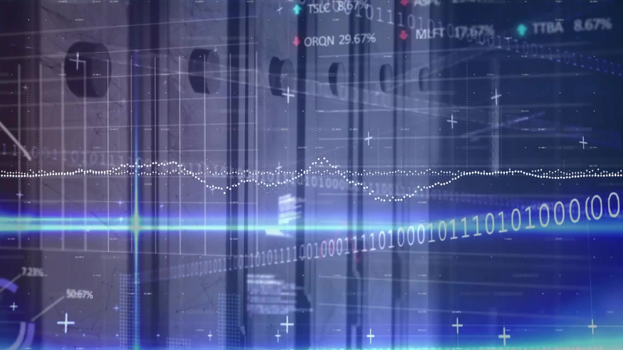 Fading in digital overlay over server racks animating binary code, waveform, graphs for monitoring