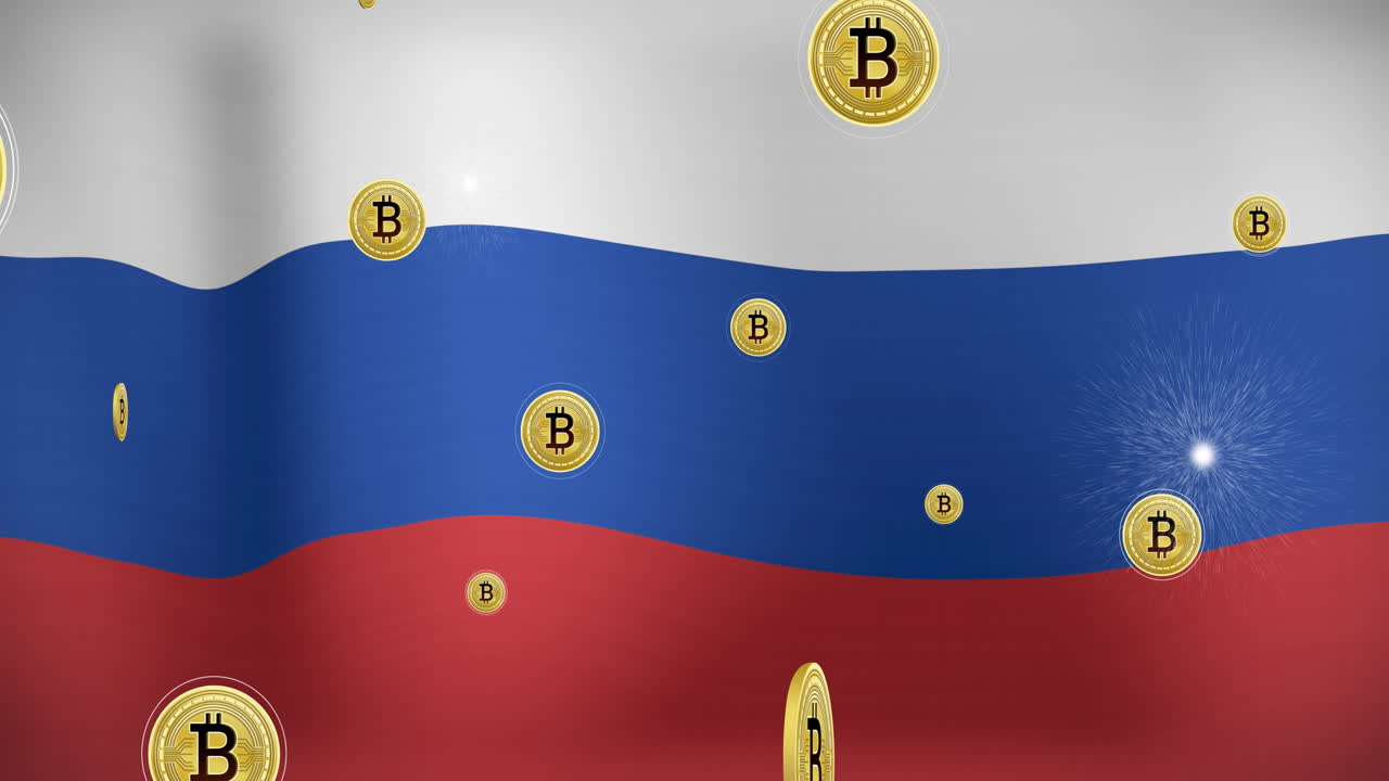 Animace bitcoinových symbolů nad ruskou vlajkou
