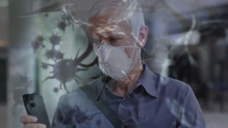 animación de células de covid-19 moviéndose sobre un hombre con una máscara facial