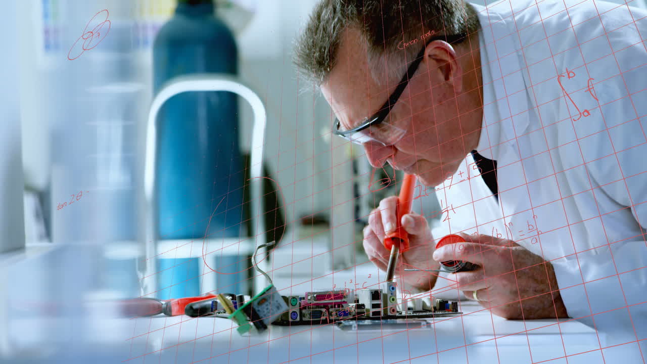 Animation of mathematical equations over caucasian male scientist in lab