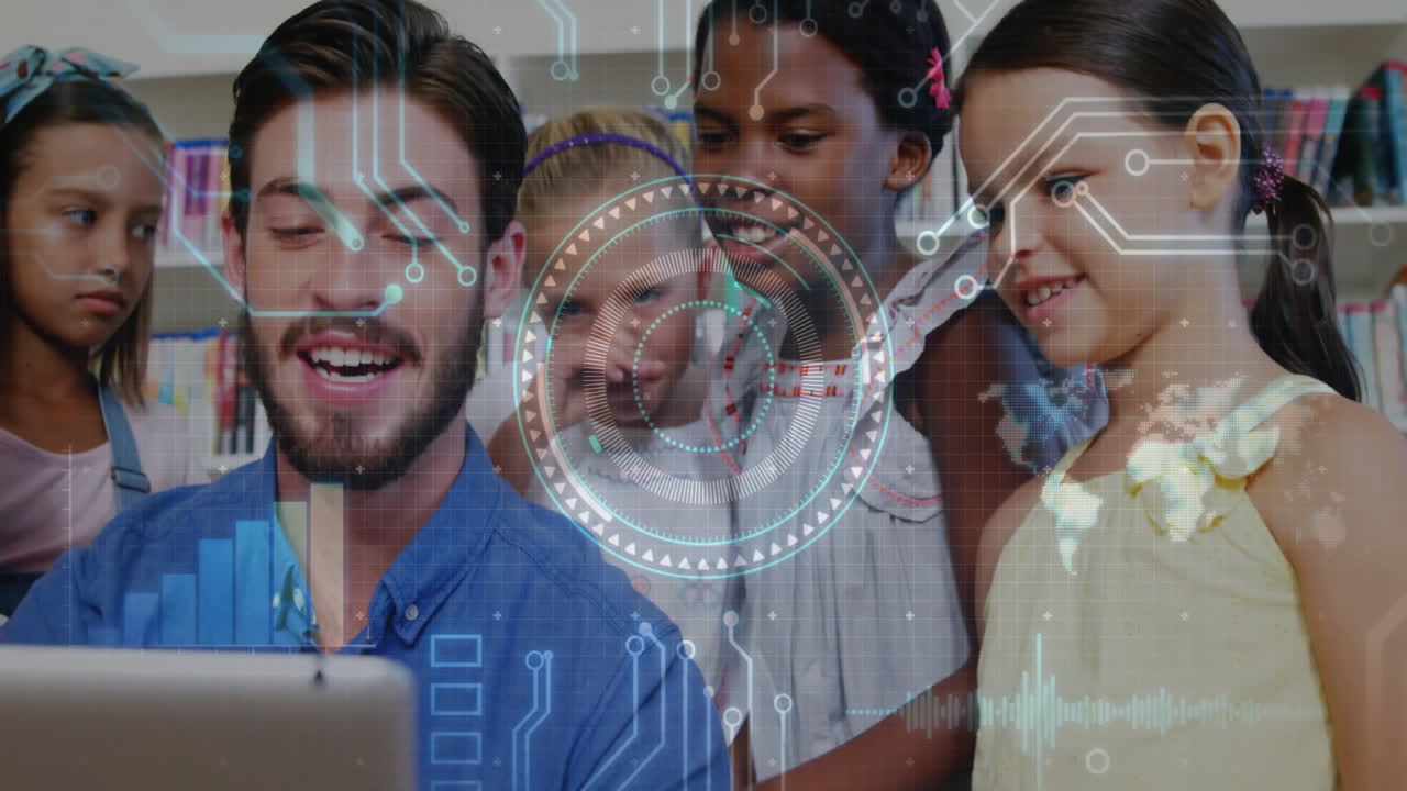 Teacher guiding students exploring education on tablet in classroom, showing circuit HUD