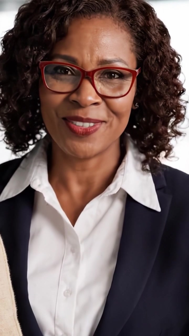 Mulher profissional confiante sorrindo em traje de negócios, demonstrando positividade e acessibilidade em um ambiente de escritório moderno