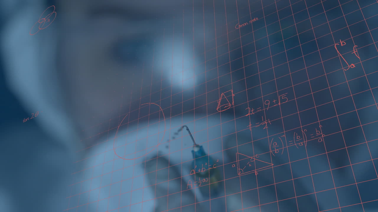 주사기를 들고 있는 여성 과학자 위에 수학 방정식의 애니메이션