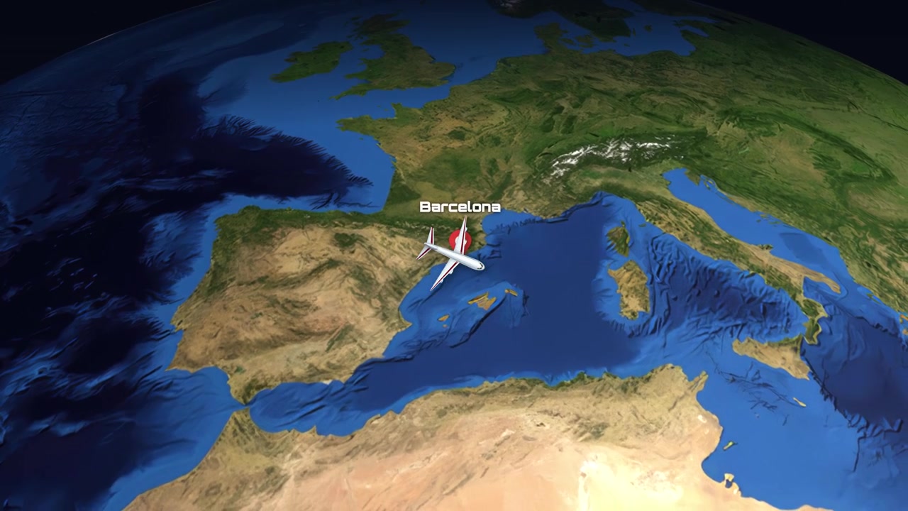 A commercial airplane flies across the Atlantic Ocean from Toronto to Barcelona on a globe