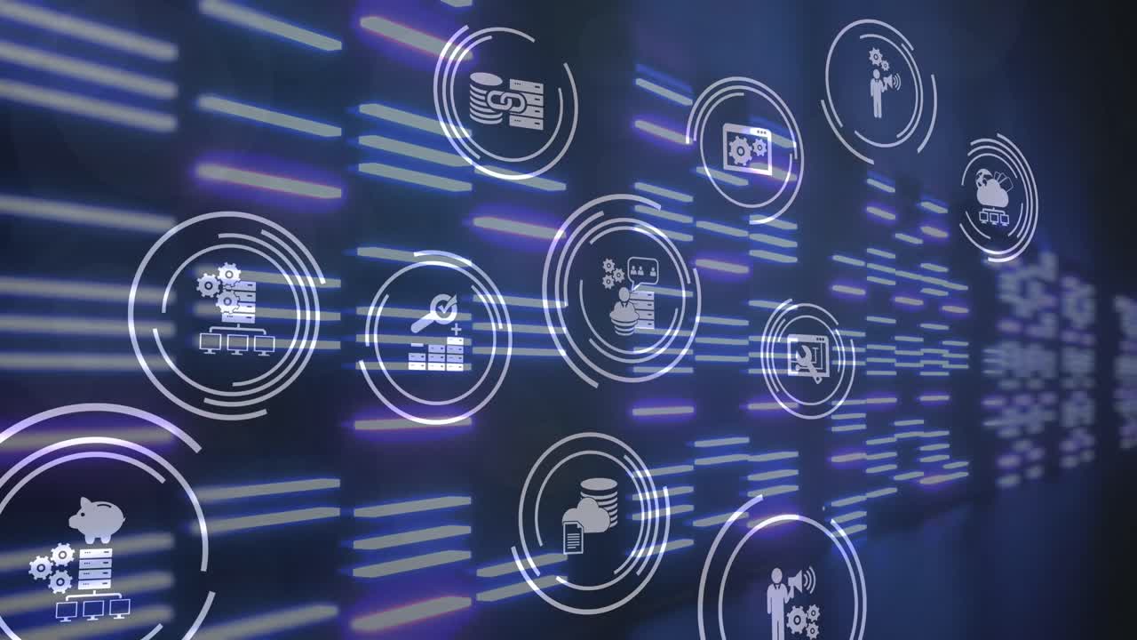 animación de iconos sobre columnas en movimiento sobre fondo negro