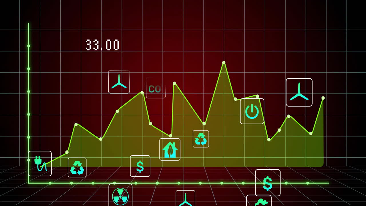 Animation of green energy icons with financial graph on red grid background