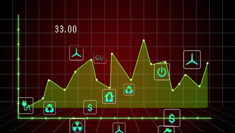 animation of green energy icons with financial graph on red grid background
