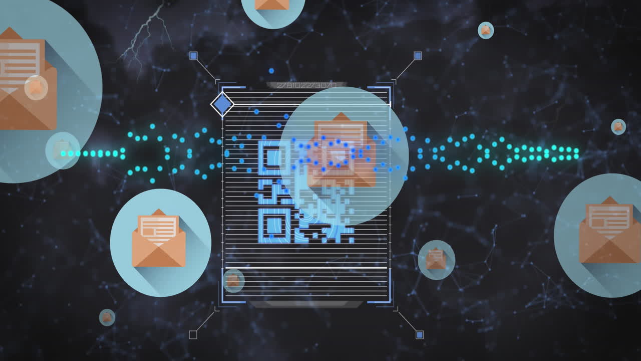 Animation of scanning qr codes over graph and envelope icons against connected dots in background