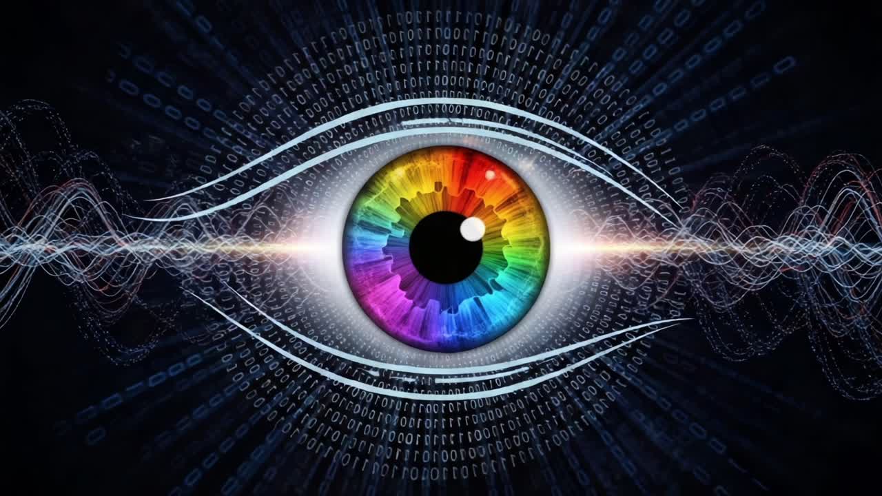 A Vibrant Eye Surrounded by Abstract Digital Patterns, Representing Vision and Technology in a Futuristic Conceptual Design Filled with Binary Code and Colorful Elements