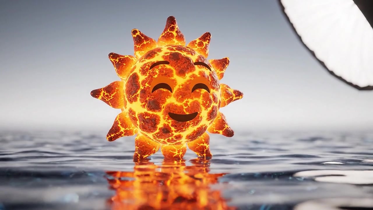 Un personaggio sole cartone animato ispirato alla lava che emana gioia in un ambiente acquatico calmo con uno sfondo luminoso, creando un'atmosfera giocosa e calda