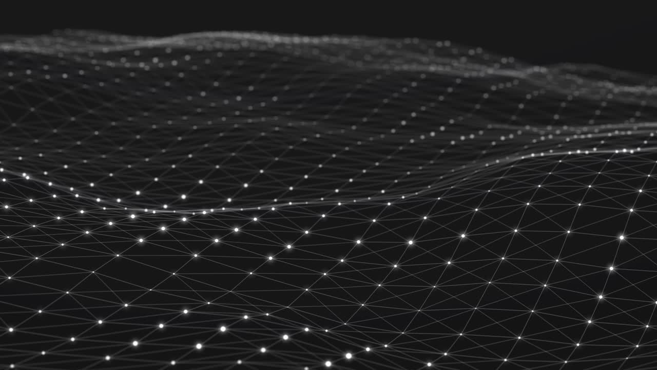 Digital background. Abstract wave with connected dots and lines. Network connection structure. 3D rendering. Seamless loop. 4K