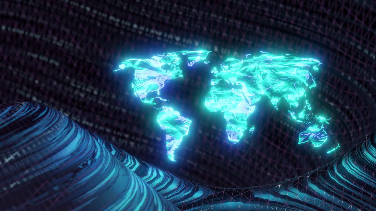 Glowing blue world map with wavy dark background, motion graphics