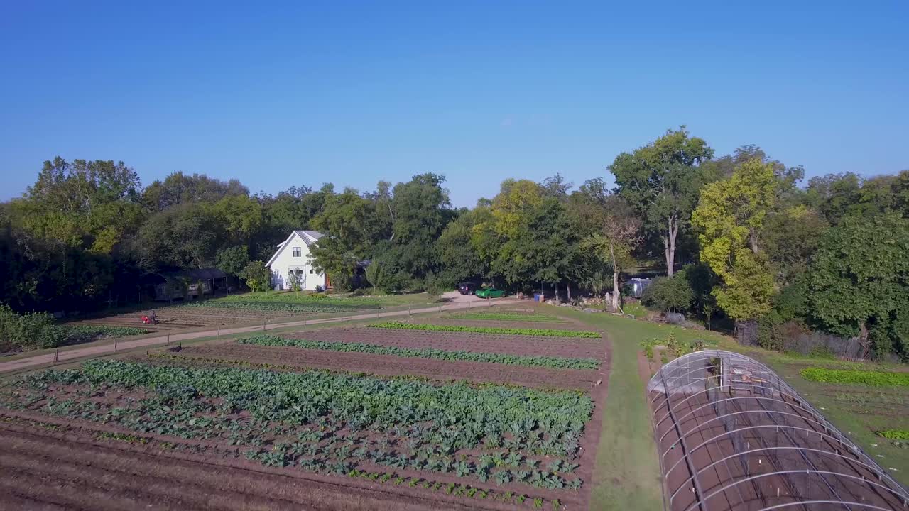 공중: 온실 공개로 끝나는 텍사스 오스틴의 농장 위로 천천히 후퇴