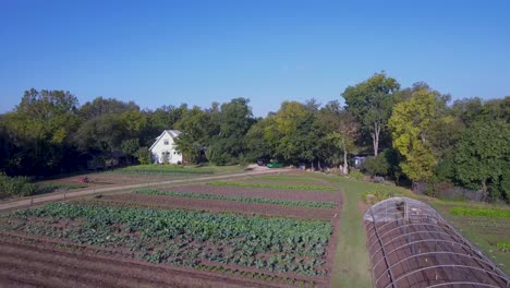 aerial: slow pullback over a farm in austin, texas ending with a greenhouse reveal