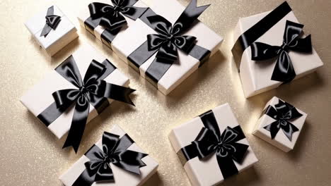 elegant white gift boxes with black ribbons on gold background