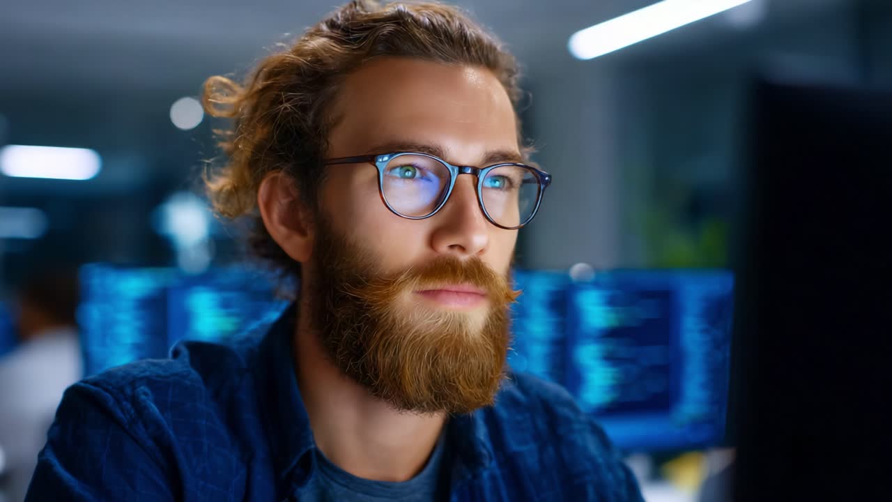 Focused Programmer Working Late on Code with Multiple Screens and Data Visualizations in a Modern Office Environment, Illuminated by Soft Computer Light
