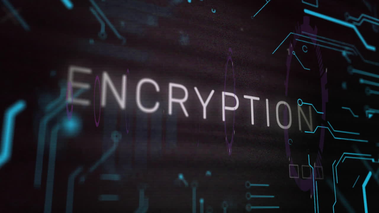 Animation of encryption text and data processing over black background