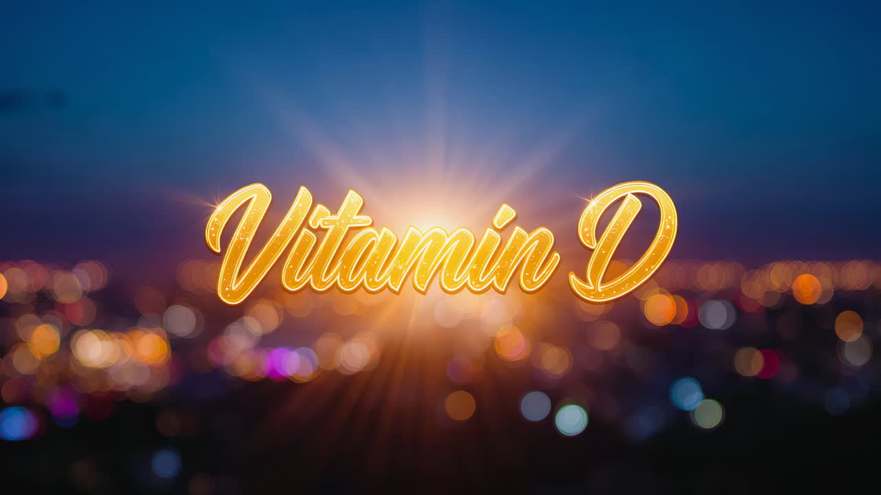 Glowing gold script Vitamin D reacting to sunburst at dusk, forming particle halos accenting text