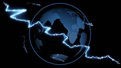 Digital-animation-of-lightning-thunder-against-blue-spinning-globe-on-black-background