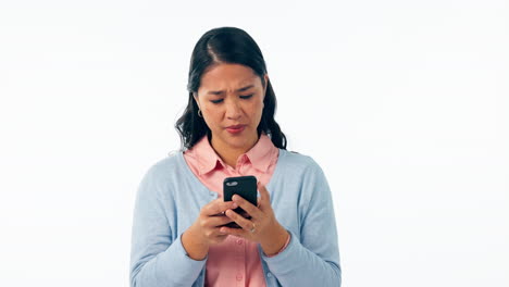 Confused,-wow-and-woman-with-phone-in-studio