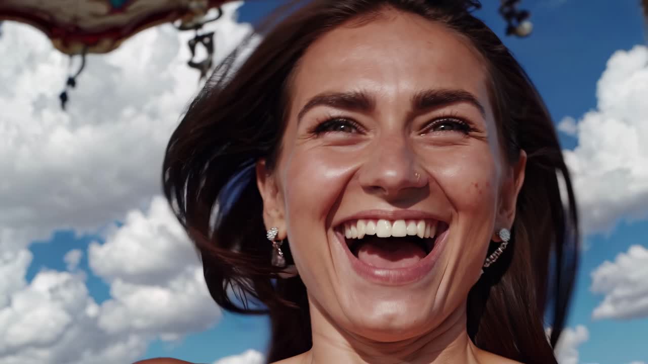 Joyful woman with flowing hair experiences thrill on a carousel ride, capturing the essence of excitement and happiness in a vibrant outdoor setting with blue skies