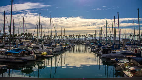 sailboats docked at a yacht club with the cloudscape sky reflecting off the water - time lapse