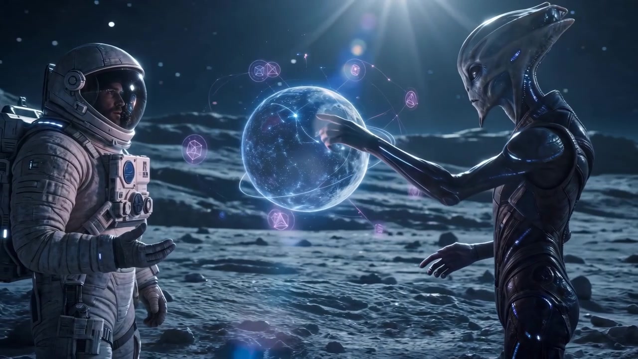 Astronaut and alien viewing galaxy hologram