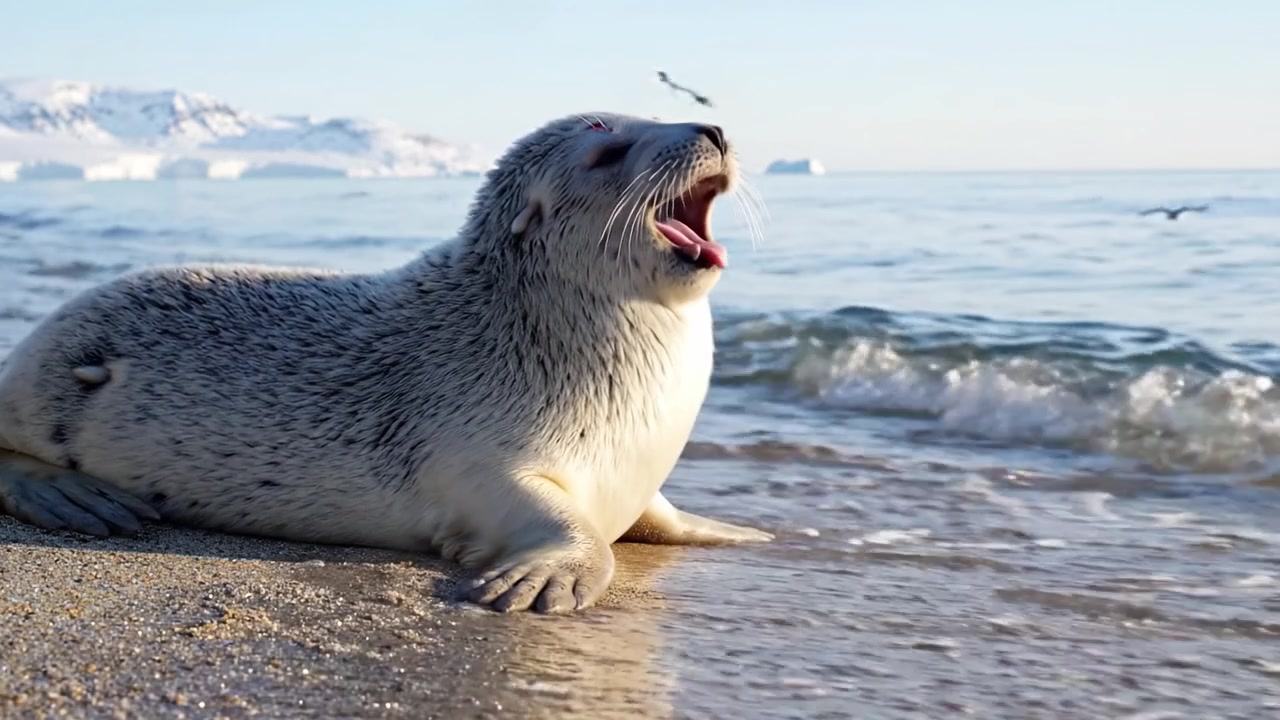 Una foca comune giocosa si rilassa sulla riva sabbiosa, godendosi le calme onde dell'oceano e la bellezza paesaggistica dell'ambiente costiero.