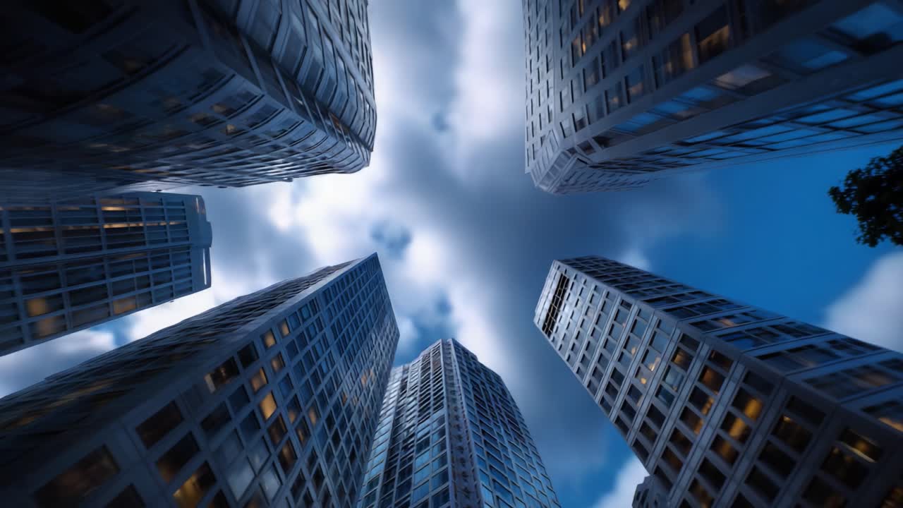 Vista accattivante di grattacieli urbani che si ergono verso il cielo in un paesaggio urbano moderno con un'ampia atmosfera nuvolosa intorno al crepuscolo