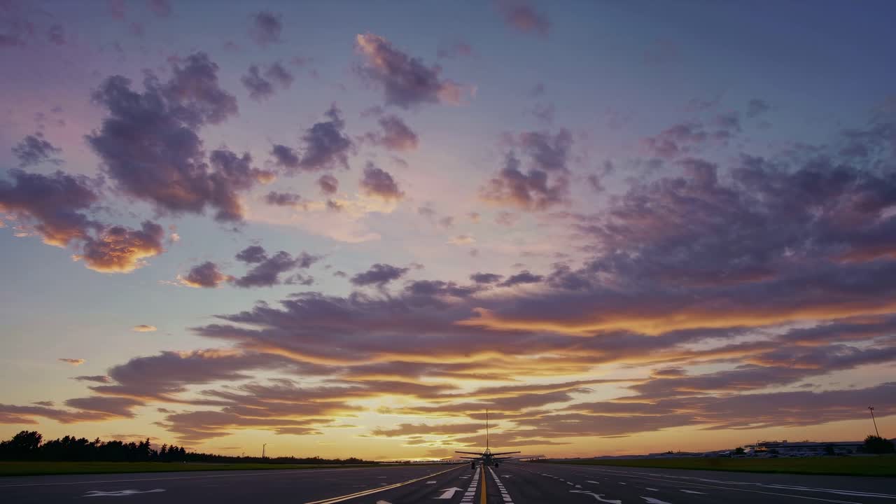 Lentokoneen laskeutuminen auringonlaskun aikaan