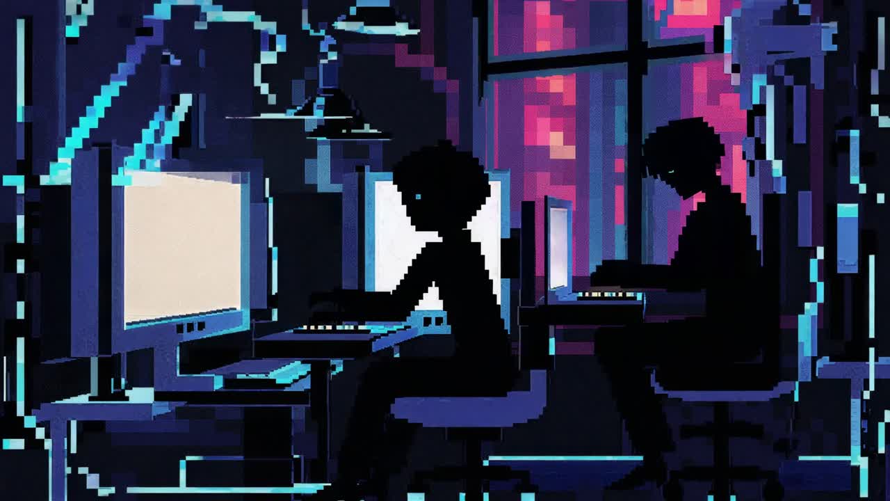 Pixel art illustration of programmers using desktop computers in a dark office with neon lights illuminating a cityscape through the window
