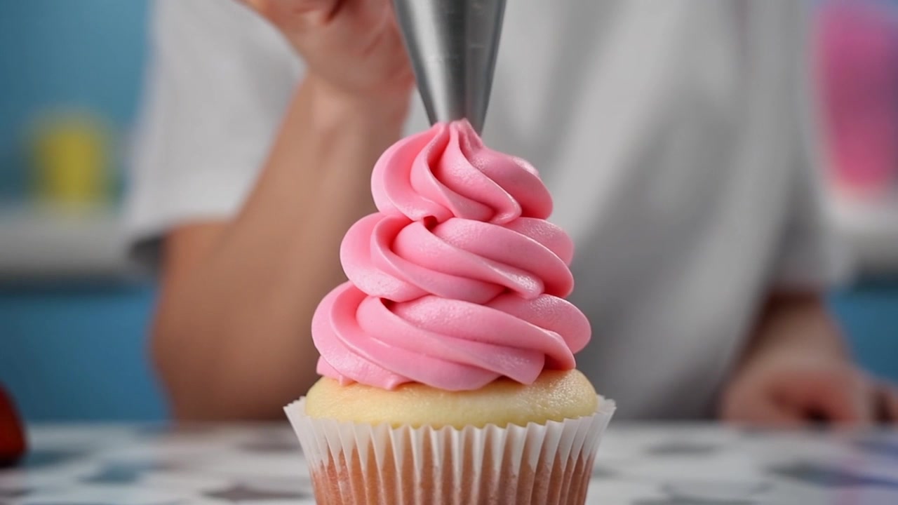 Baker Piping Pink Frosting onto a Cupcake