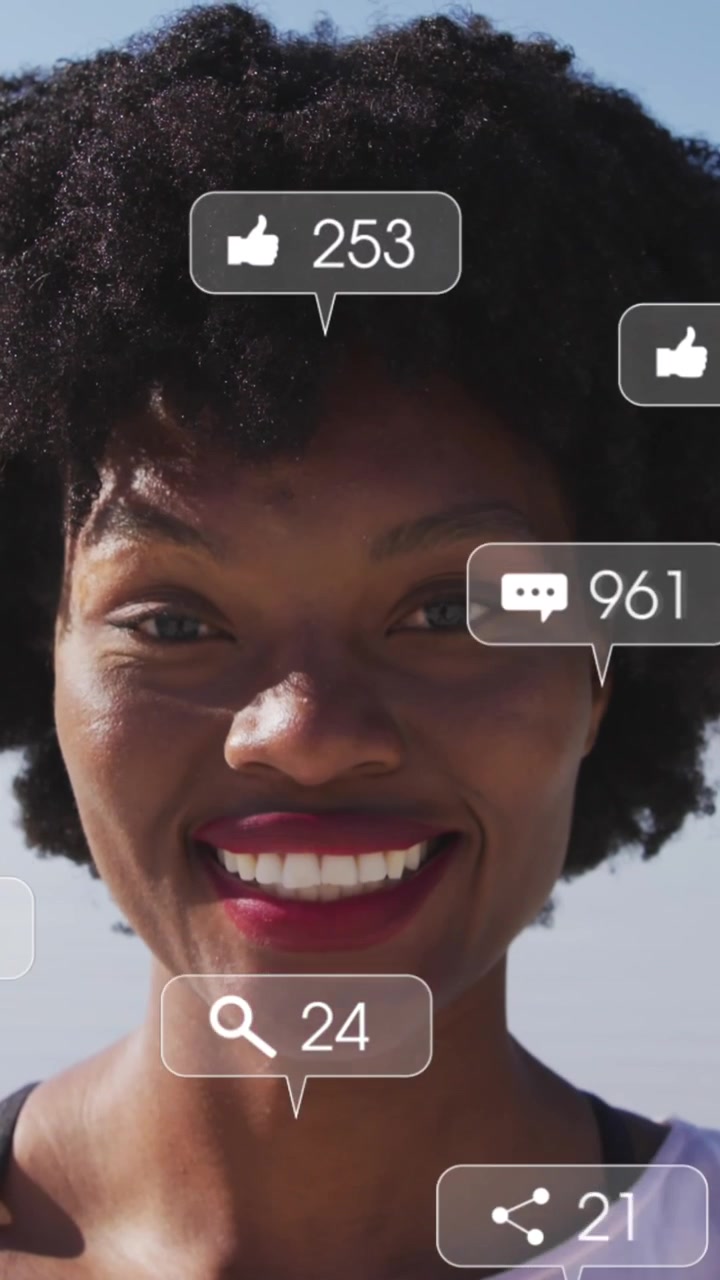 Animation of social media data processing over african american woman on beach