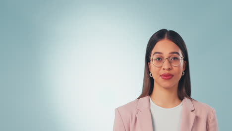 Happy,-face-and-business-woman-with-hand-pointing