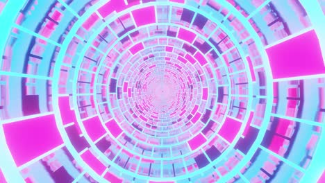 Futuristic-motion-graphics-sci-fi-of-bright-pink-and-teal-block-formations-in-circular-shapes-inside-tunnel