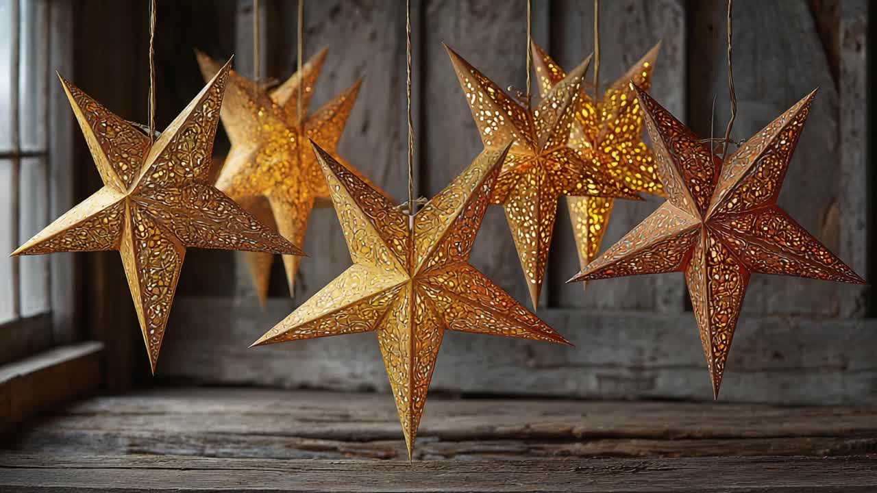 A Beautiful Display of Golden Star Decorations Hanging Gracefully by a Window, Casting a Warm Glow on the Rustic Wooden Surface Below, Perfect for Festive Occasions
